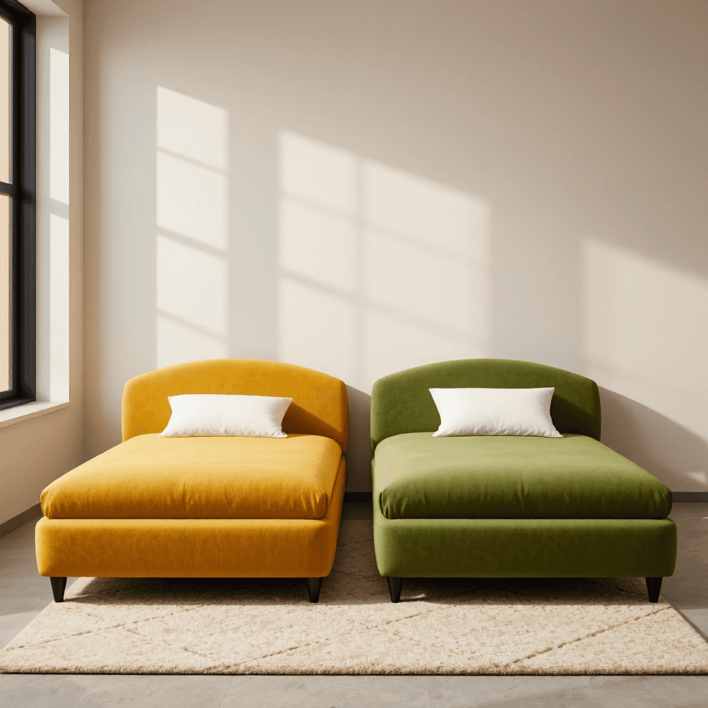 product photography of a pair of upholstered beds with rounded headboards, designed for sleeping or resting