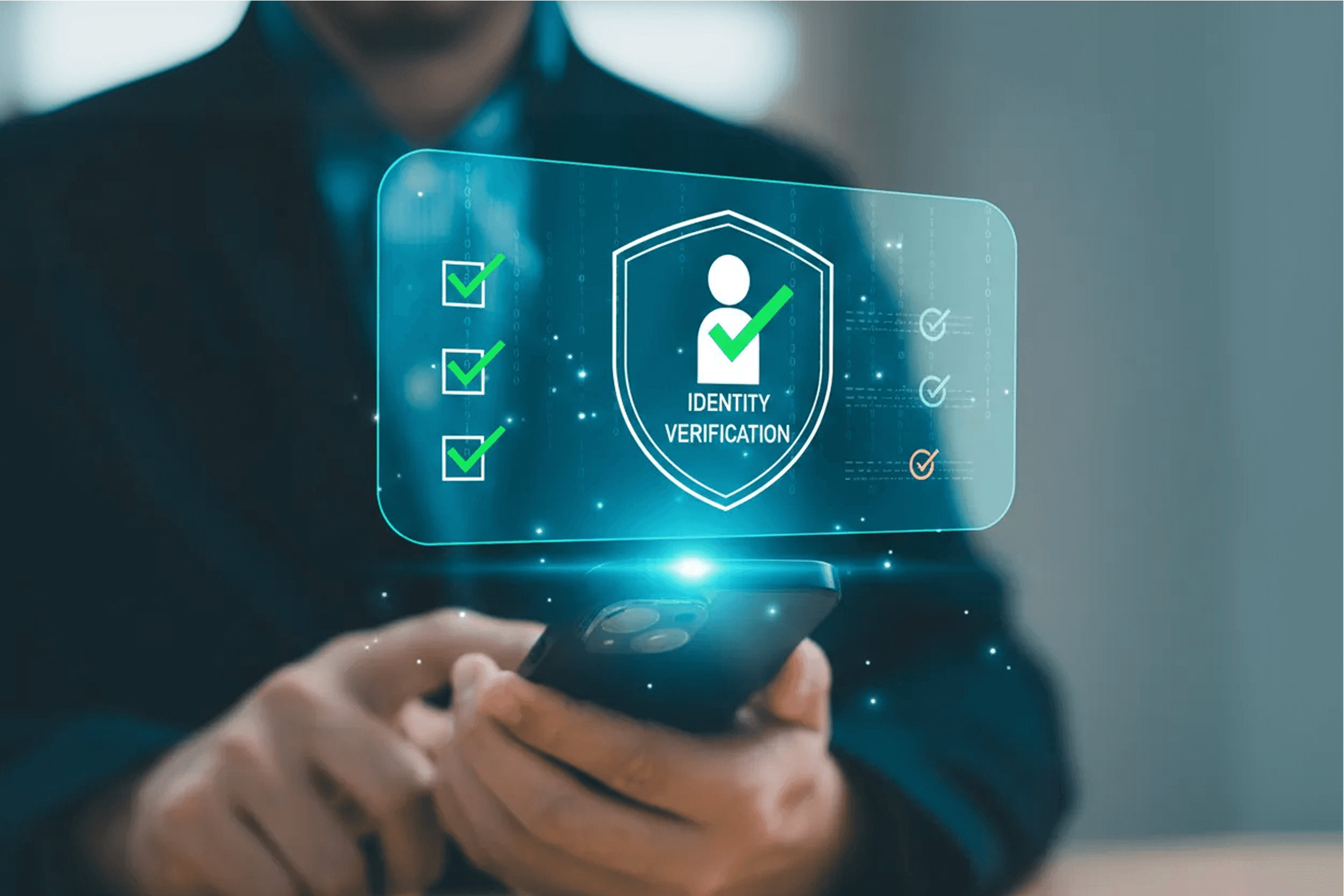 A person holding a smartphone with a glowing holographic identity verification interface featuring green checkmarks and a shield icon.