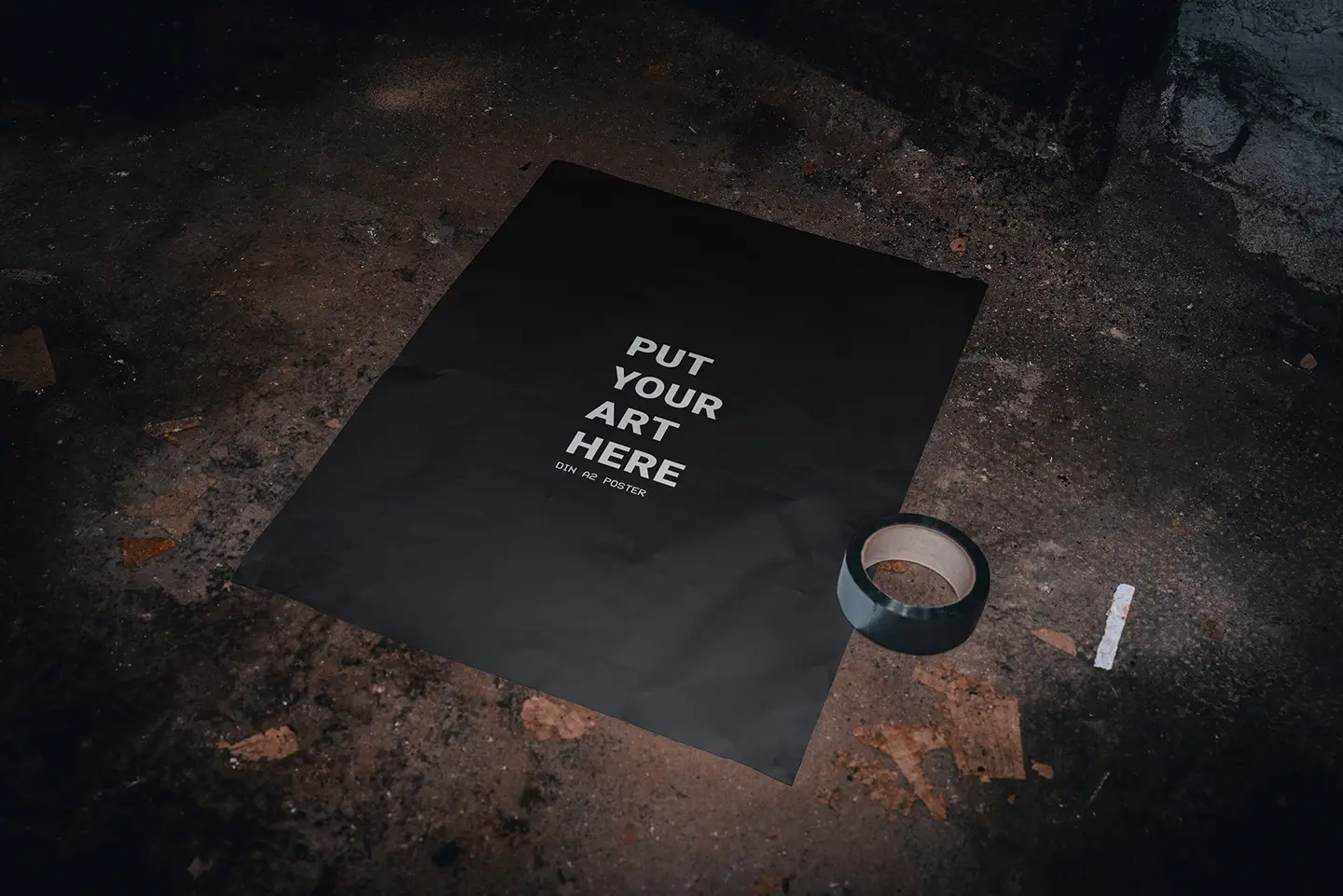 Basement A2 poster mockup showing dark poster design on textured basement floor
