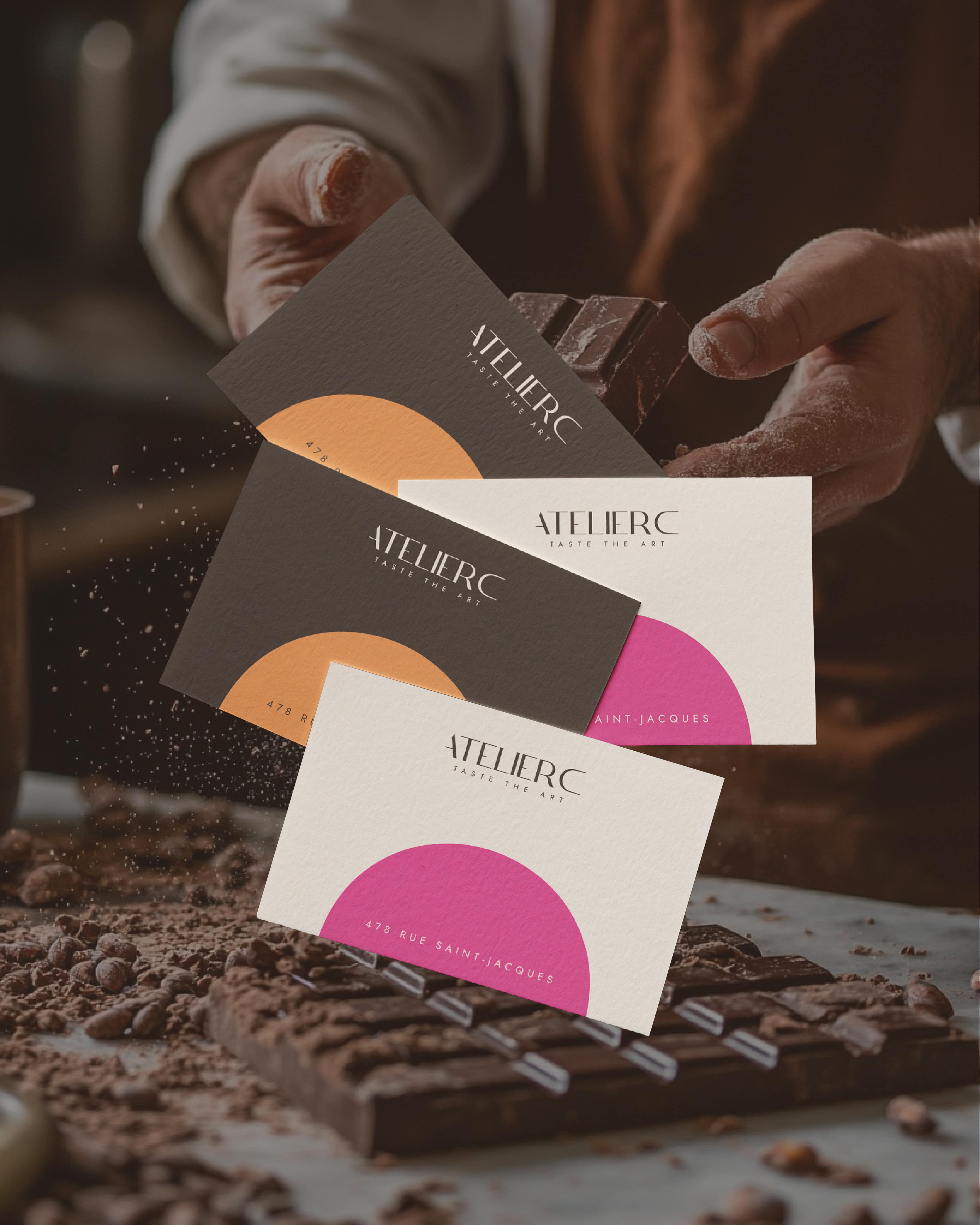 Brand identity logo packaging and business card design for artisanal chocolate brand