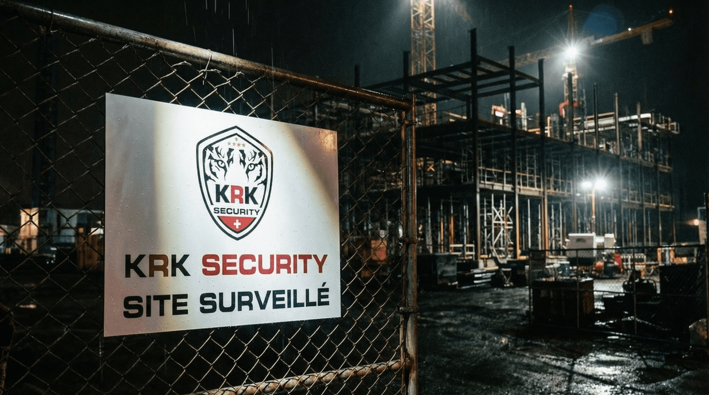 Panneau KRK Security Site Surveillé sur un chantier à Genève la nuit