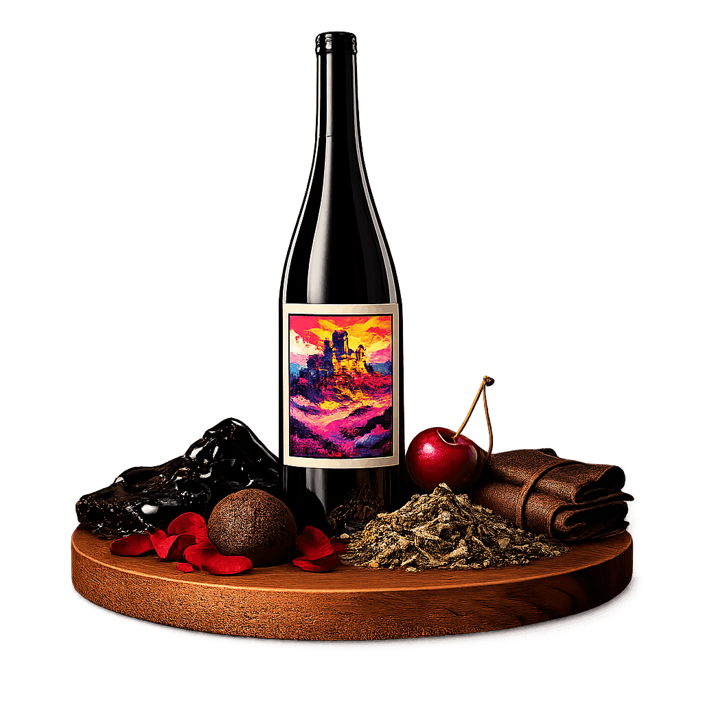 Artistic label and flavor profile for Piedmont Barolo on a rustic wooden table.