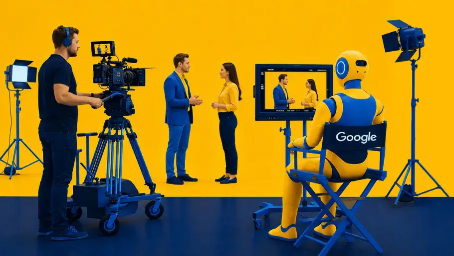 Robot directing a film crew on a set for Demand Gen video ads.