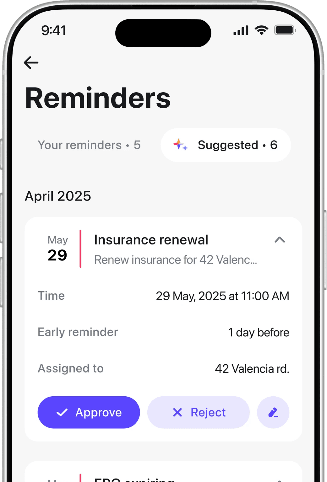 The image shows a mobile screen with a "Reminders" app open, displaying a list of scheduled tasks for May 2025, including "Insurance renewal" on May 29, with options to "Approve" or "Reject," and "EPC expiring" on May 30, each task detailing time, early reminder settings, and assignment. August App number 1 property management app