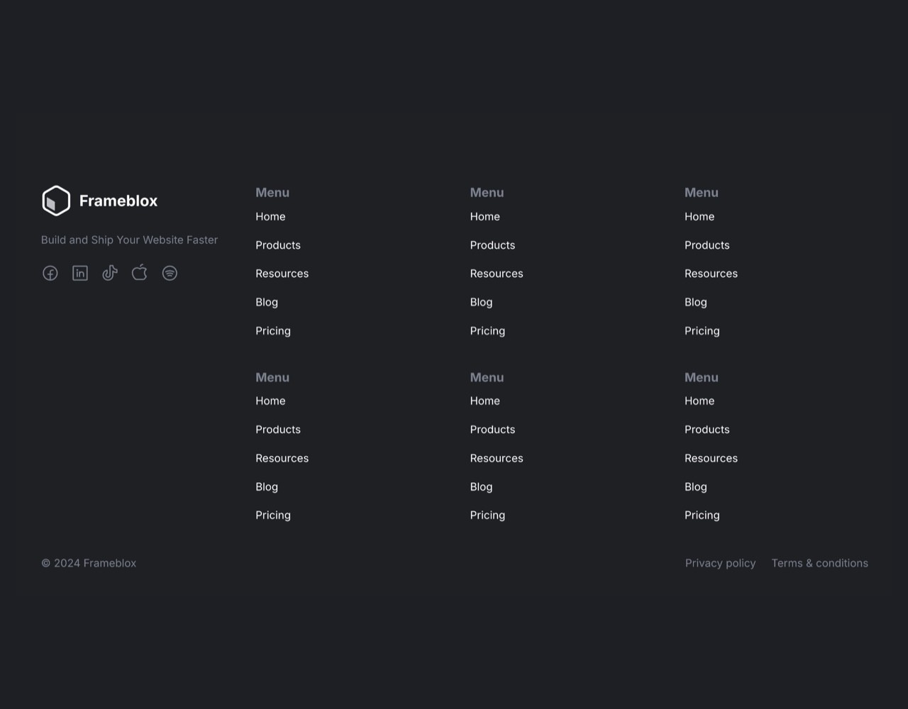 Framer Dark Footer Section - Frameblox UI