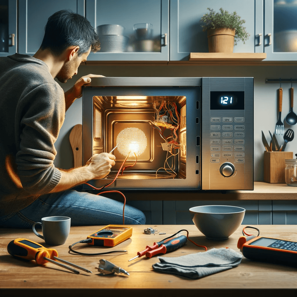 Person fixing a non-heating microwave oven in a home kitchen, using tools like a screwdriver and multimeter, illustrating a practical DIY repair process.