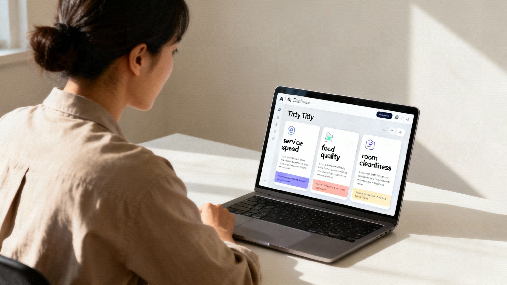 Young woman viewing a laptop screen with a dashboard showing service, food quality, and room cleanliness metrics.