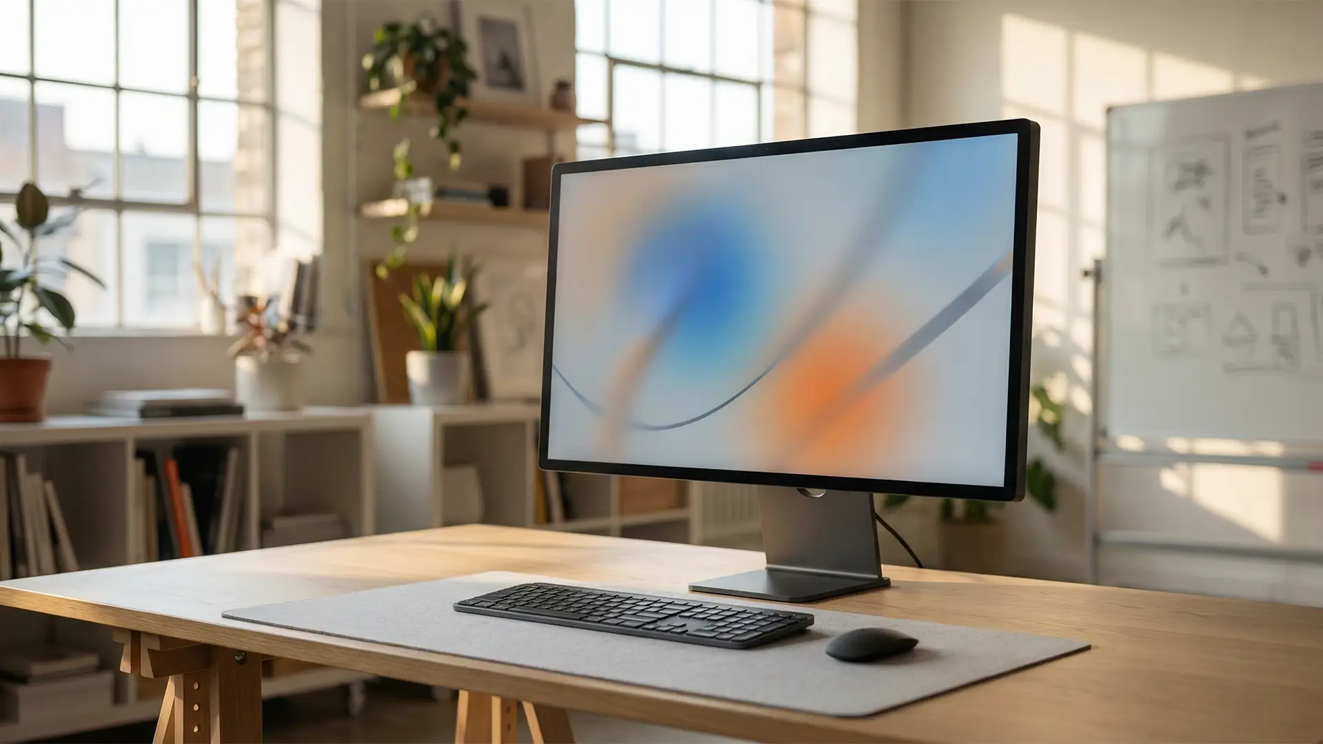A clean, modern desk in a light-filled studio with a single monitor displaying a soft, abstract visual, suggesting a calm workspace for experimentation and creative thinking.