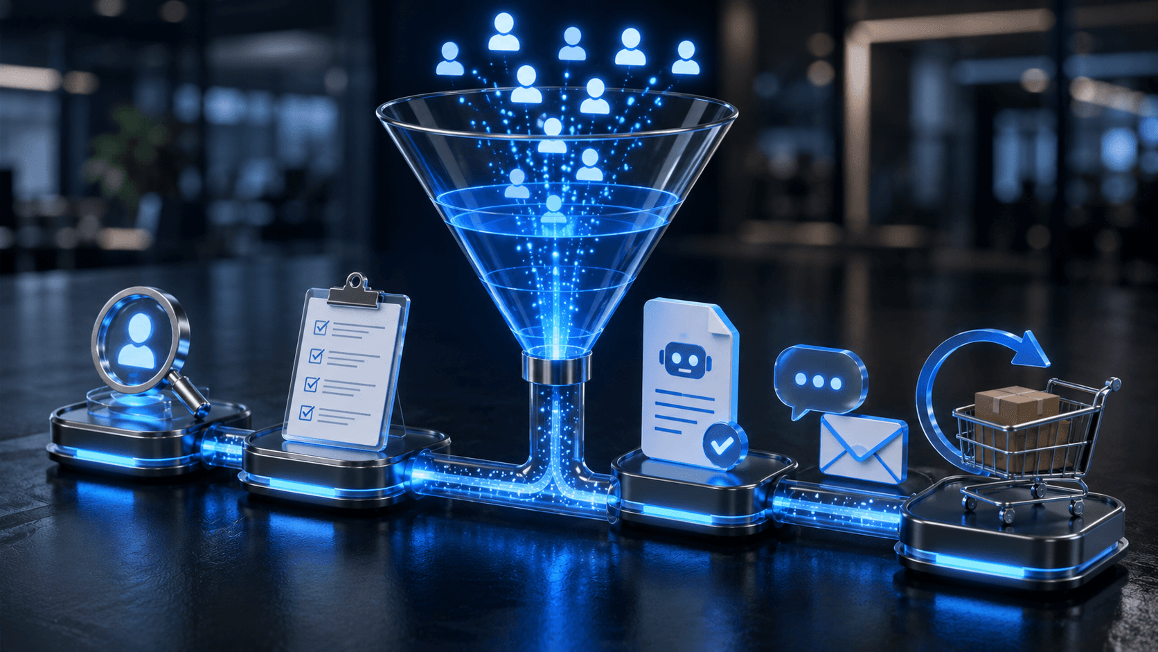 Ilustração 3D realista de um funil de vendas B2B automatizado por inteligência artificial, com elementos digitais conectando etapas como qualificação de leads, geração automática de propostas, follow-up por mensagens e recompra. A imagem possui visual futurista em tons de azul, com ícones tecnológicos integrados em uma linha contínua de automação comercial, sem pessoas e sem textos.