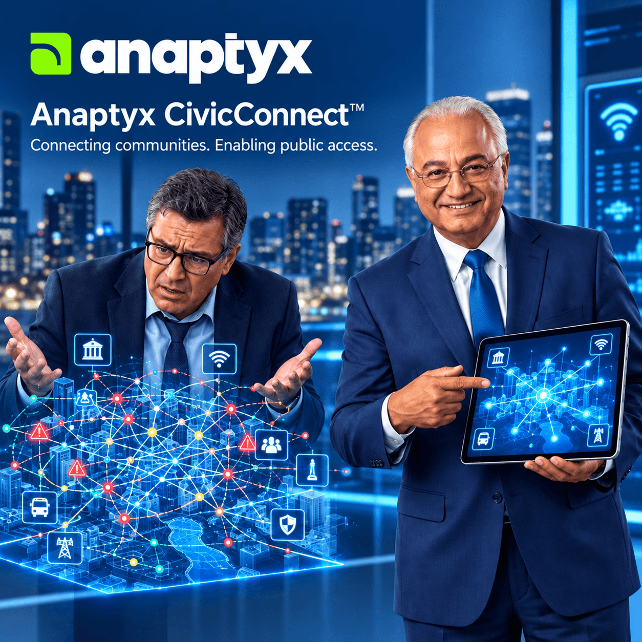 Anaptyx CivicConnect graphic featuring two professionals with digital municipal network visualizations and public connectivity icons.
