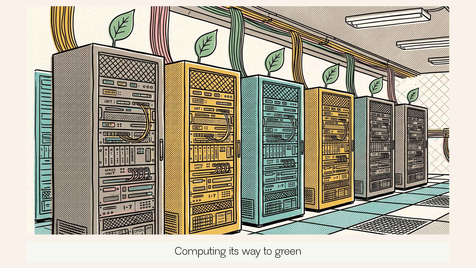 Server racks with a single leaf growing out of the top of each of them.