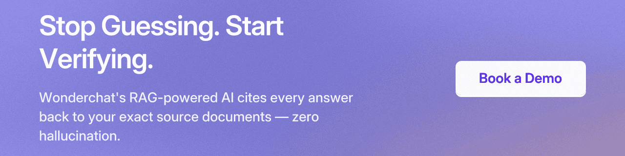Stop Guessing. Start Verifying. Wonderchat's RAG-powered AI cites every answer back to your exact source documents — zero hallucination. Book a Demo.