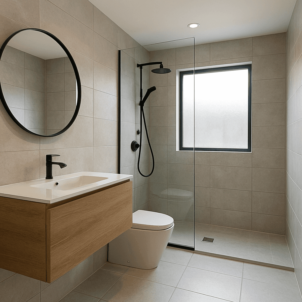 A modern bathroom with a sleek, spacious walk-in shower