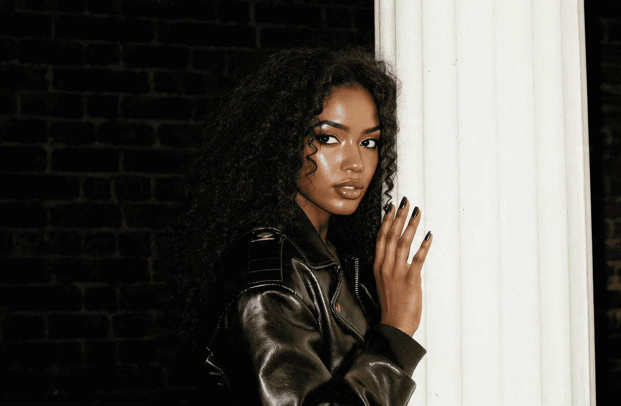 Woman in black jacket stand beside the white clothe