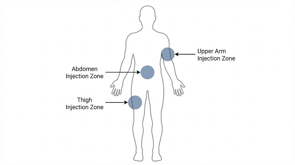 Retatrutide injection sites diagram showing abdomen thigh and upper arm locations
