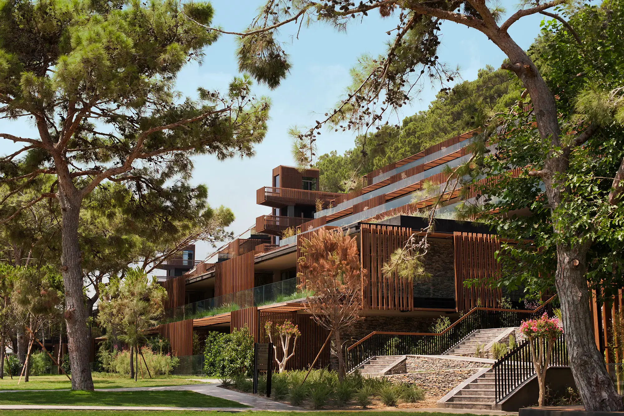 Maxx Royal Kemer; çam ağaçları arasında ahşap cepheli otel yapıları