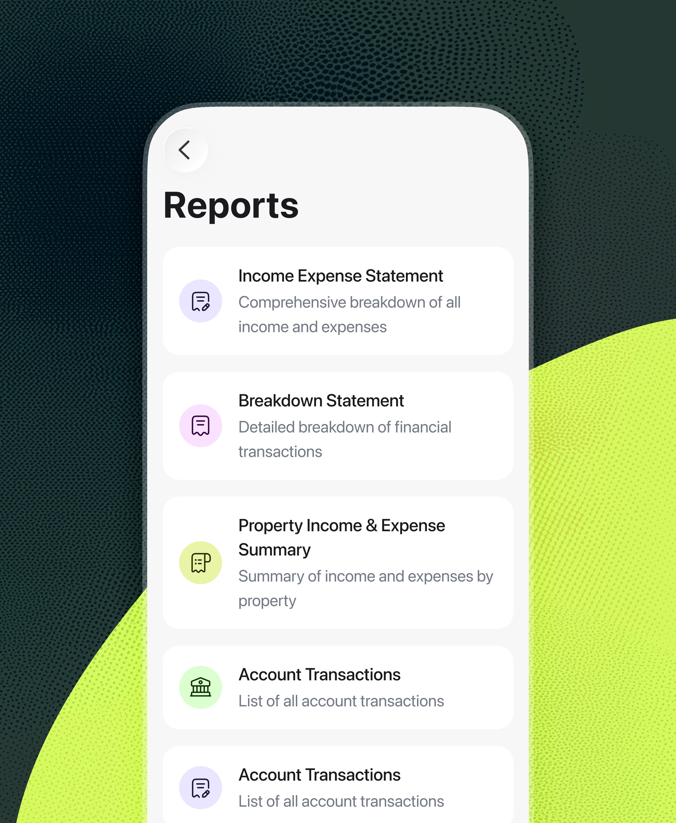 August app reports screen on mobile showing a list of landlord reports including Income Expense Statement, Breakdown Statement, Property Income and Expense Summary, and Account Transactions