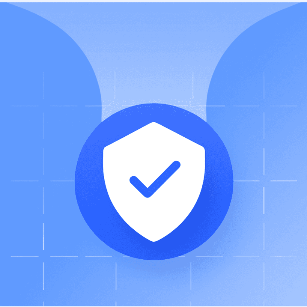 The image features a blue shield icon with a checkmark on a gradient blue background, symbolizing cybersecurity and online protection.