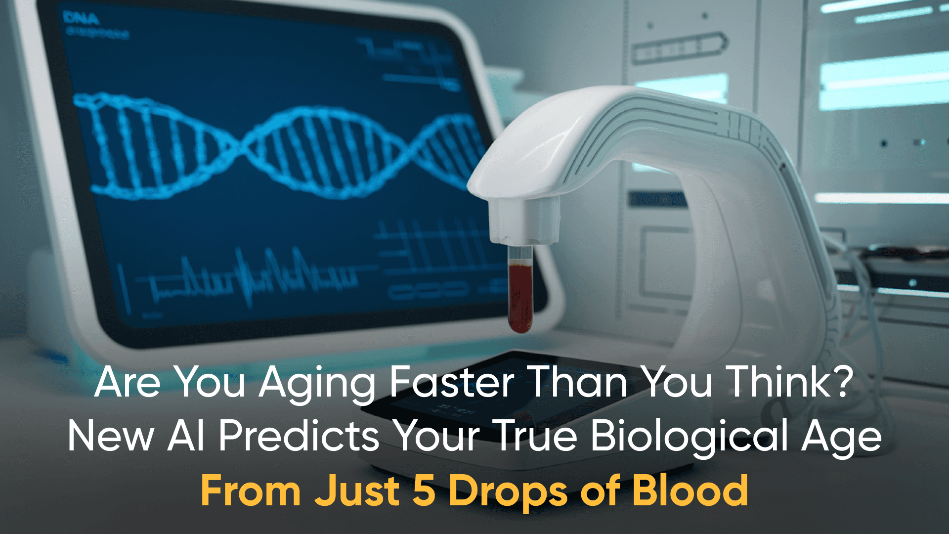 AI-powered blood analysis device determining biological age with DNA and health data on screen