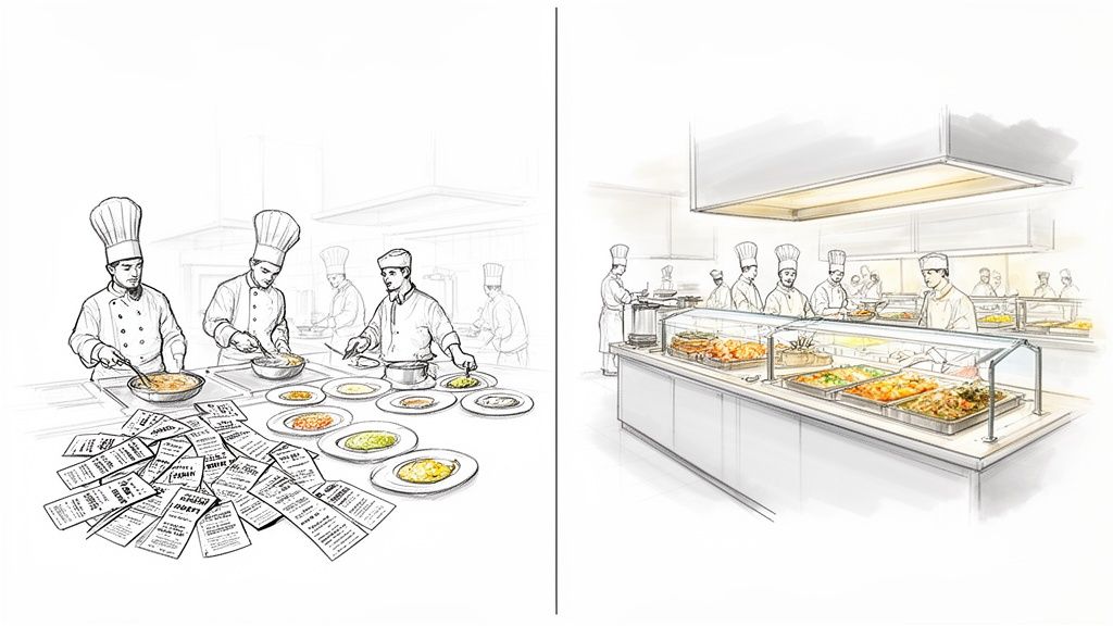 Two scenes: chefs prepare individual meals from tickets, and chefs manage a large buffet line.