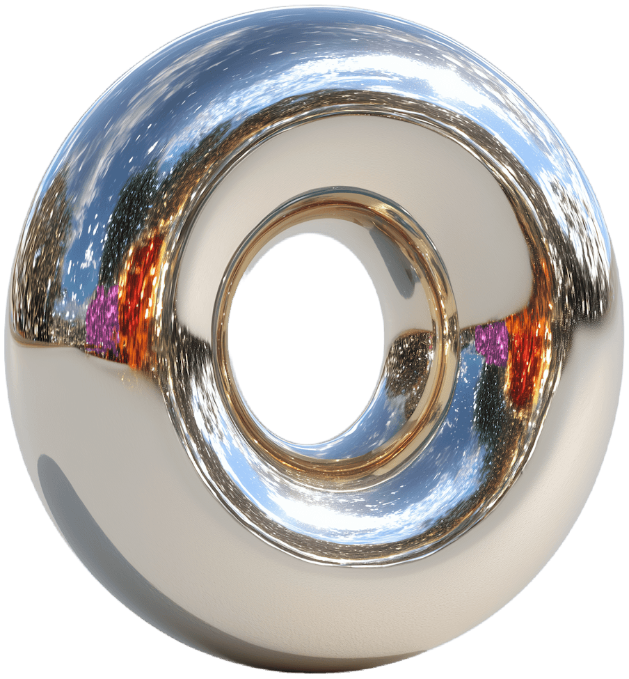 A polished chrome torus ring with mirror-like reflections and metallic highlights on a transparent background.