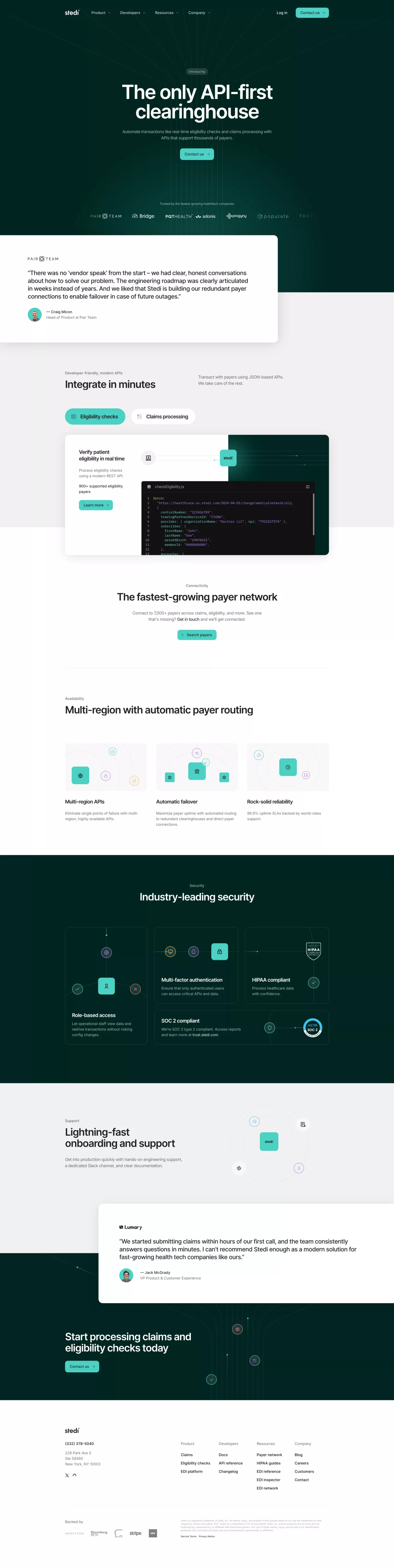 Stedi - The only API-first clearinghouse landing page screenshot showcasing Tech design