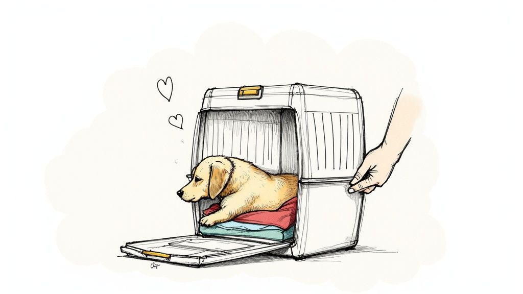A hand opens a pet carrier, revealing a cute golden retriever puppy resting inside on blankets, with hearts floating.