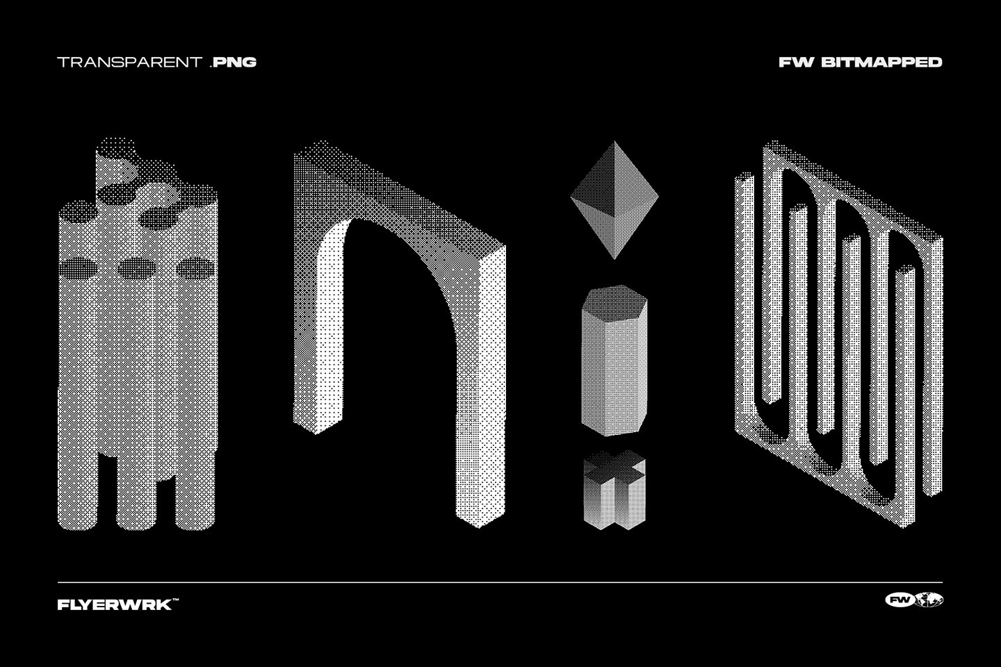 Bitmapped design elements brutalist architectural arches and isometric pillars with lo-fi digital halftone styling