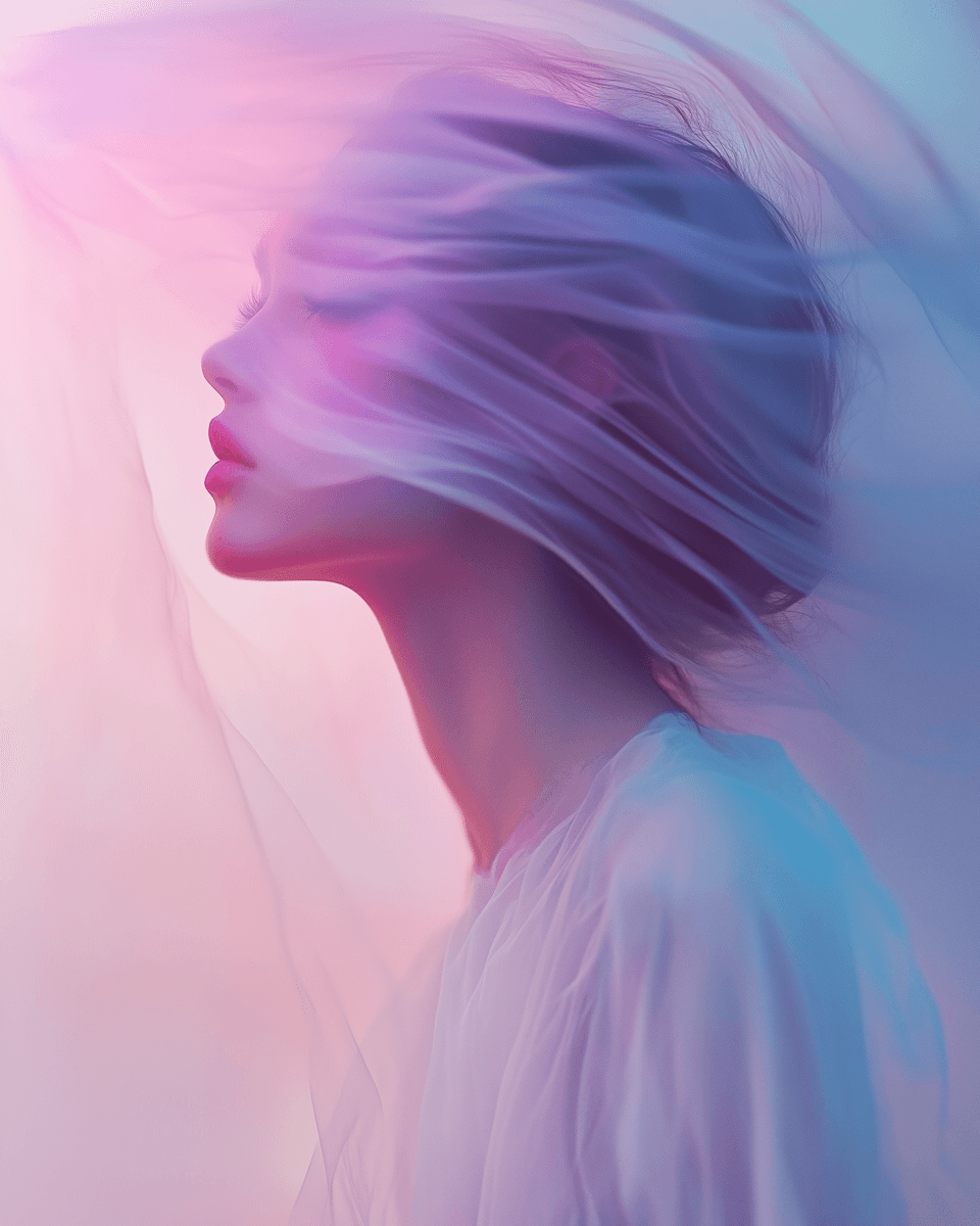 A serene profile of a person wrapped in pink and blue translucent fabric. Soft ethereal tones create a dreamy, tranquil atmosphere.