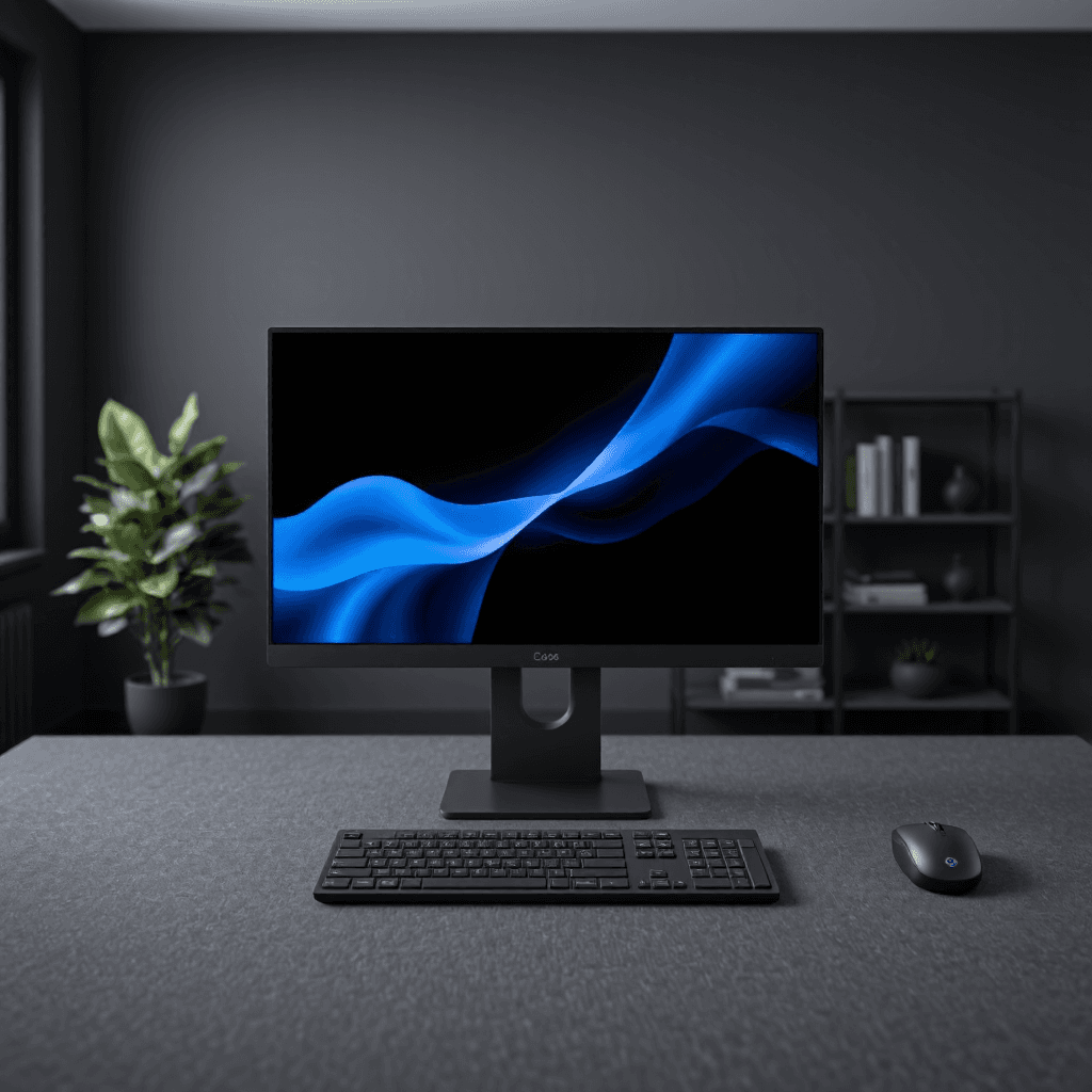 product photography of an all-in-one desktop computer with a monitor, keyboard, and mouse