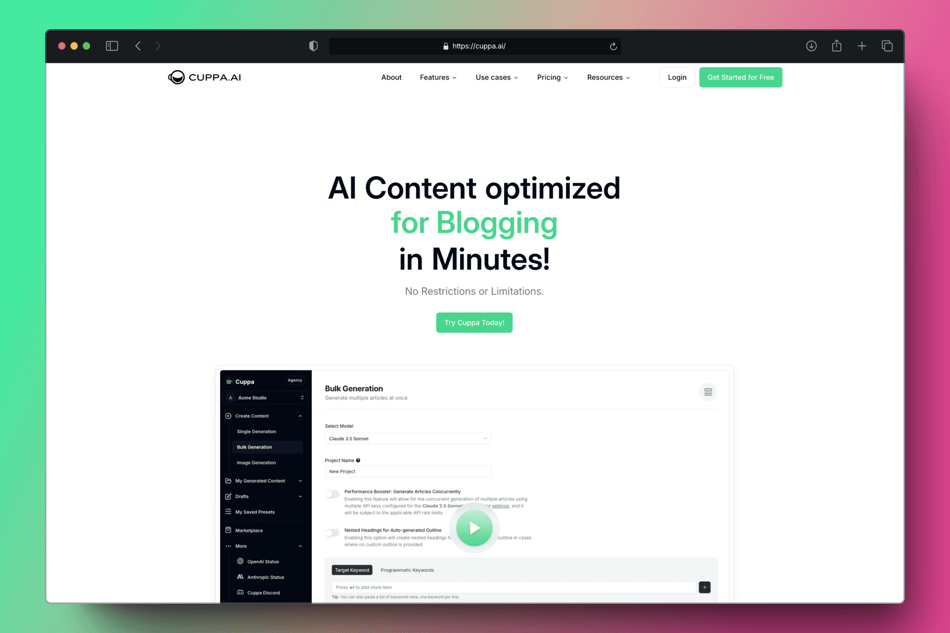 a screenshot of cuppa.ai landing page