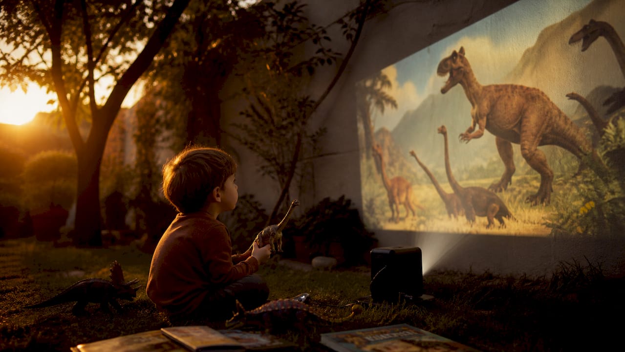 Un niño observa con atención un documental de dinosaurios en su habitación.