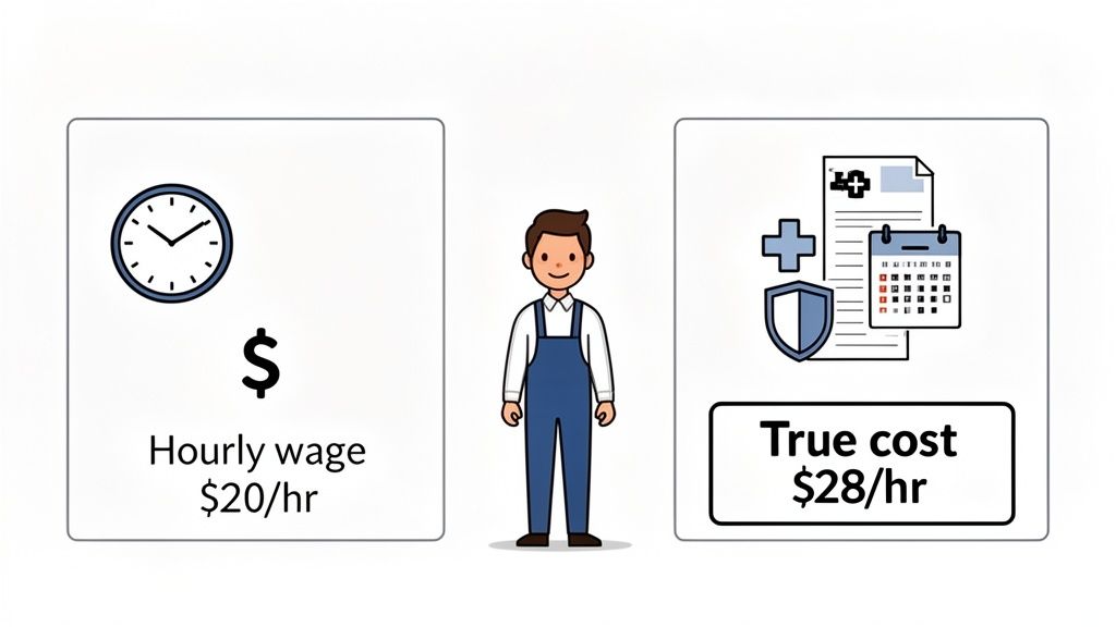 An illustration comparing an employee's hourly wage of $20/hr to their true cost of $28/hr, including benefits.