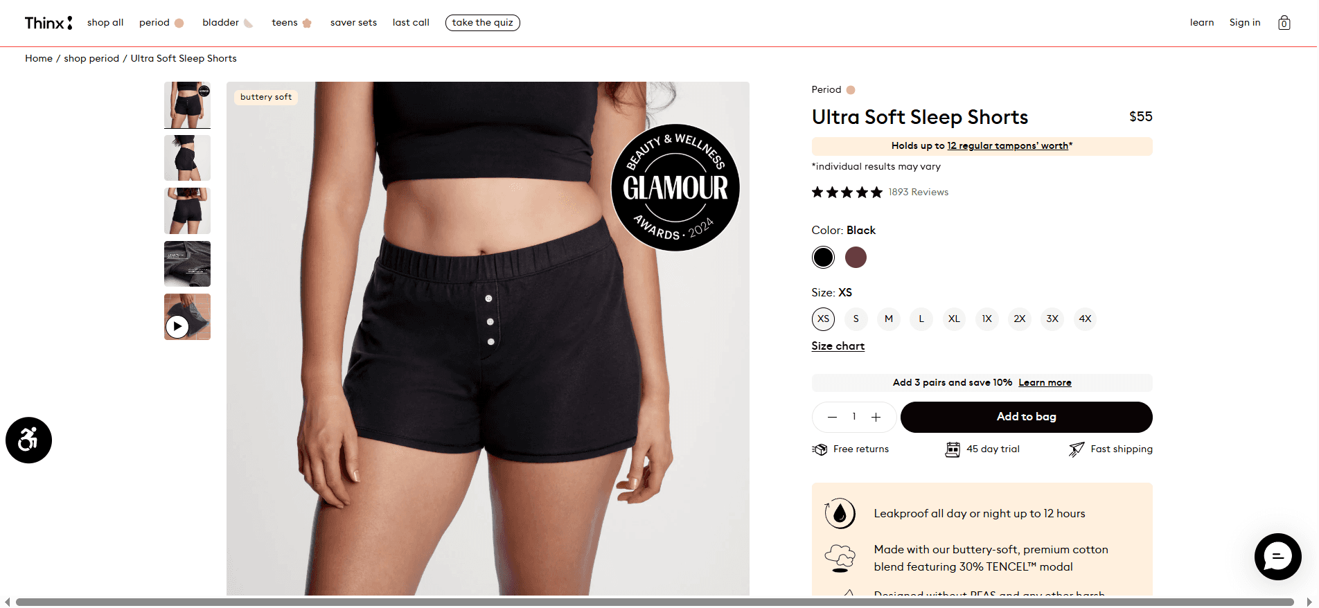 Thinx’s product page