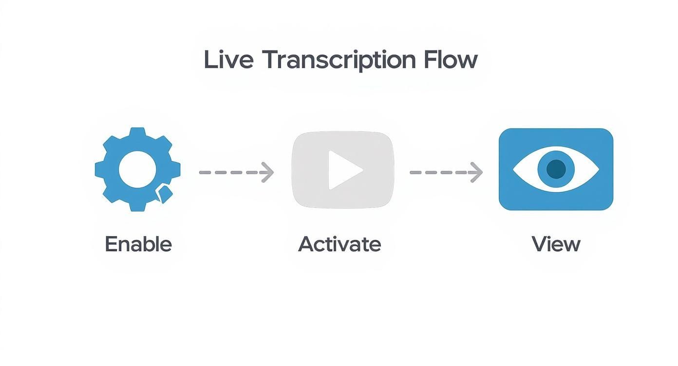 Live transcription flow diagram showing three steps: enable settings, activate recording, and view transcription results