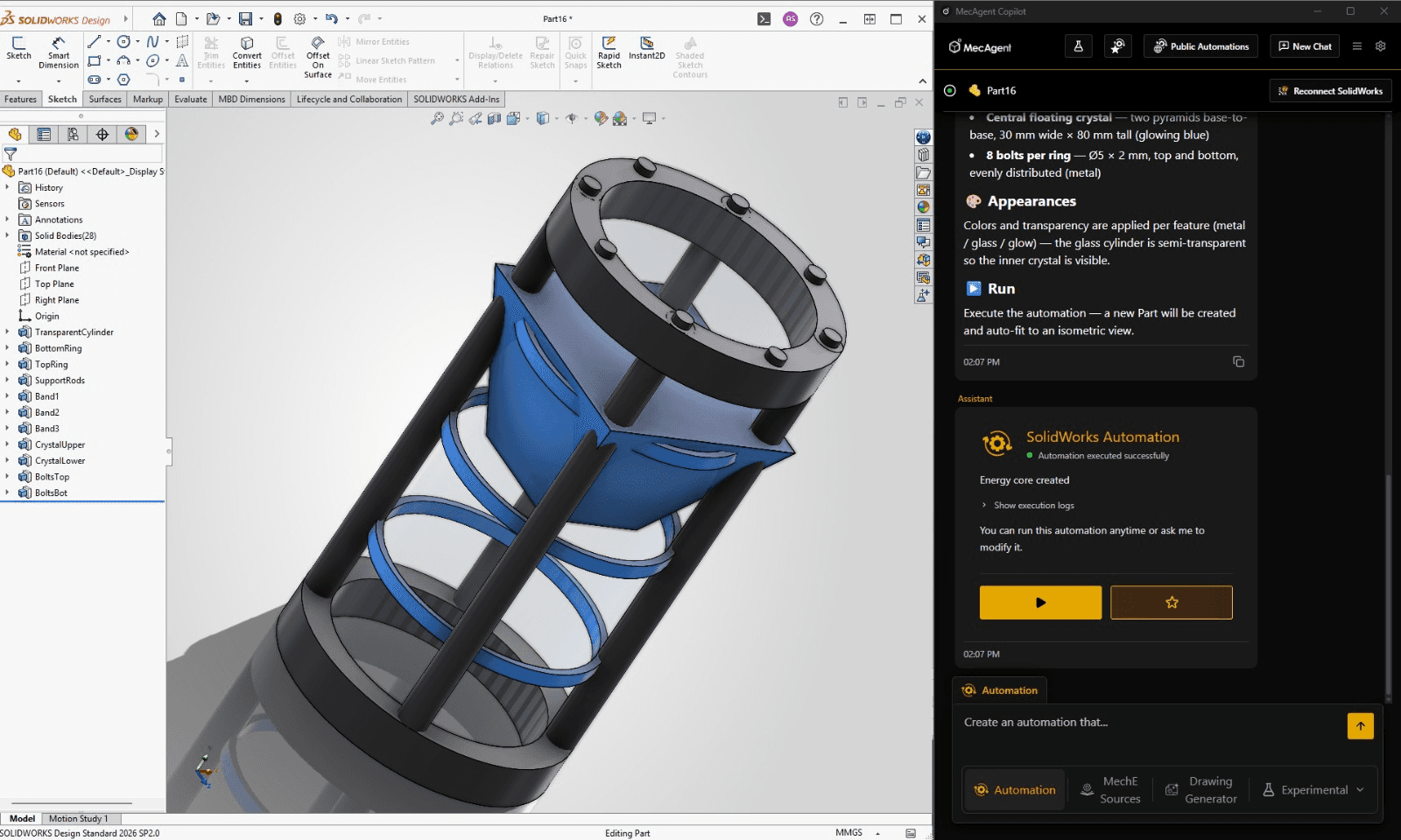 Sci-fi energy core cylinder create with automation