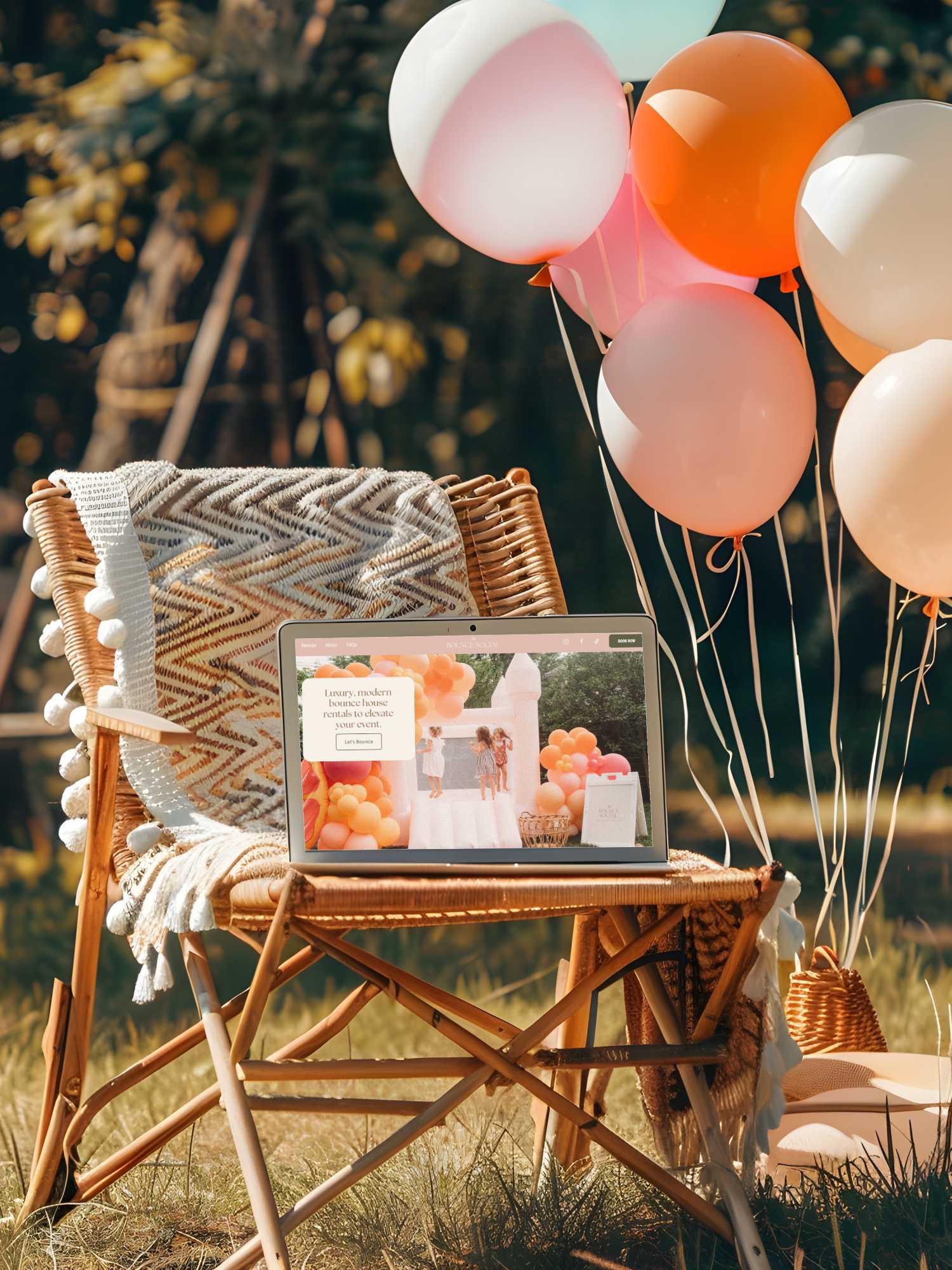 Boho Shopify website sitting on a chair with balloons