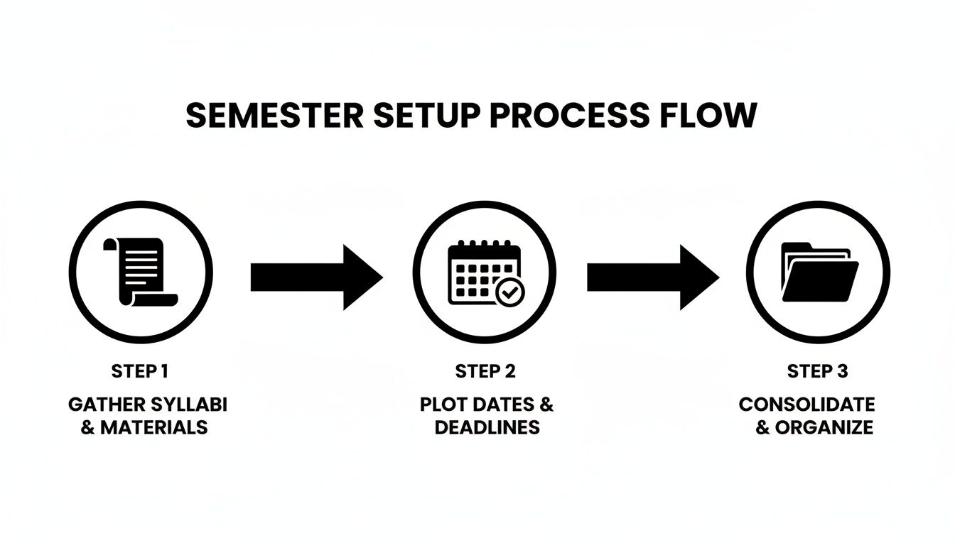A three-step flowchart illustrating the semester setup process for students to gather materials, plot dates, and organize.