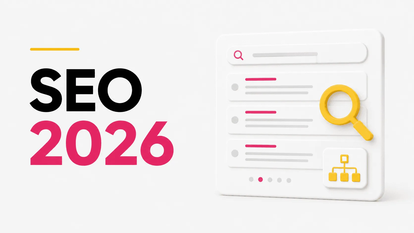 SEO 2026 with search and site map icons