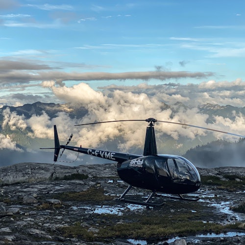一架直升机降落在一座山上，背景是山景。