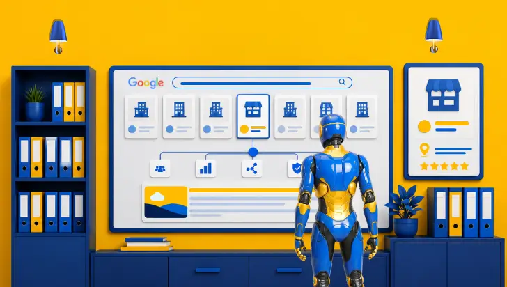 Robot viewing a Google AI search interface with business icons on a yellow background.