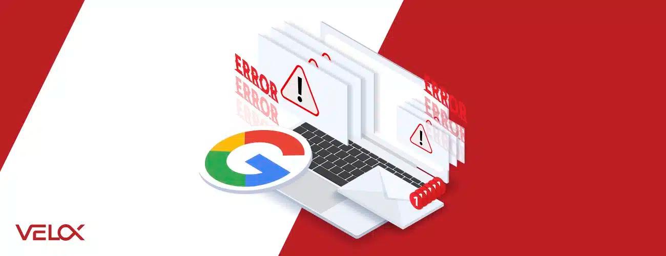 A red and white graphic displaying a laptop covered in 404 / error messages with the Google logo in front