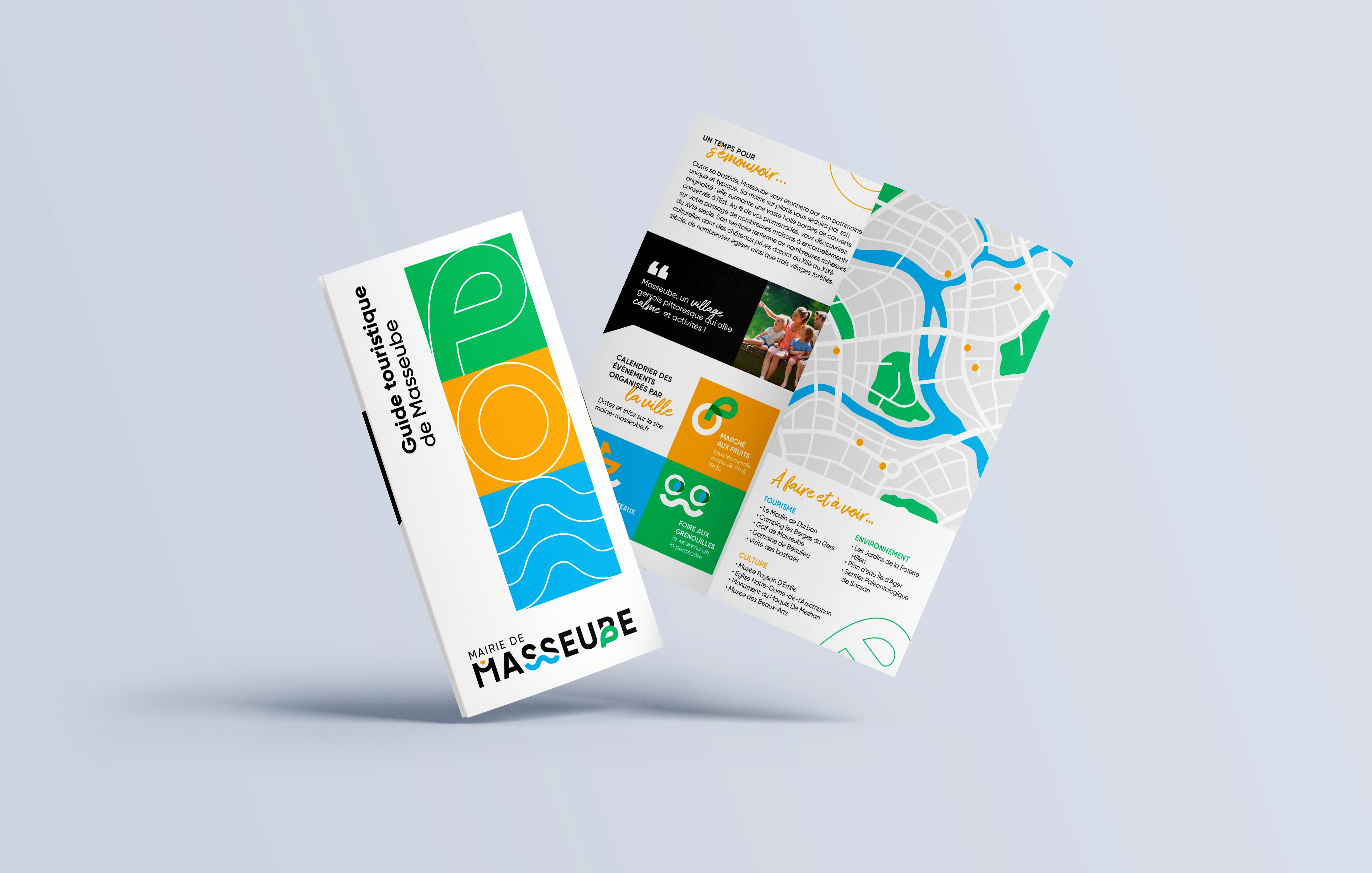 Dépliant informatif pour la Mairie de Masseube, mise en page colorée en grille