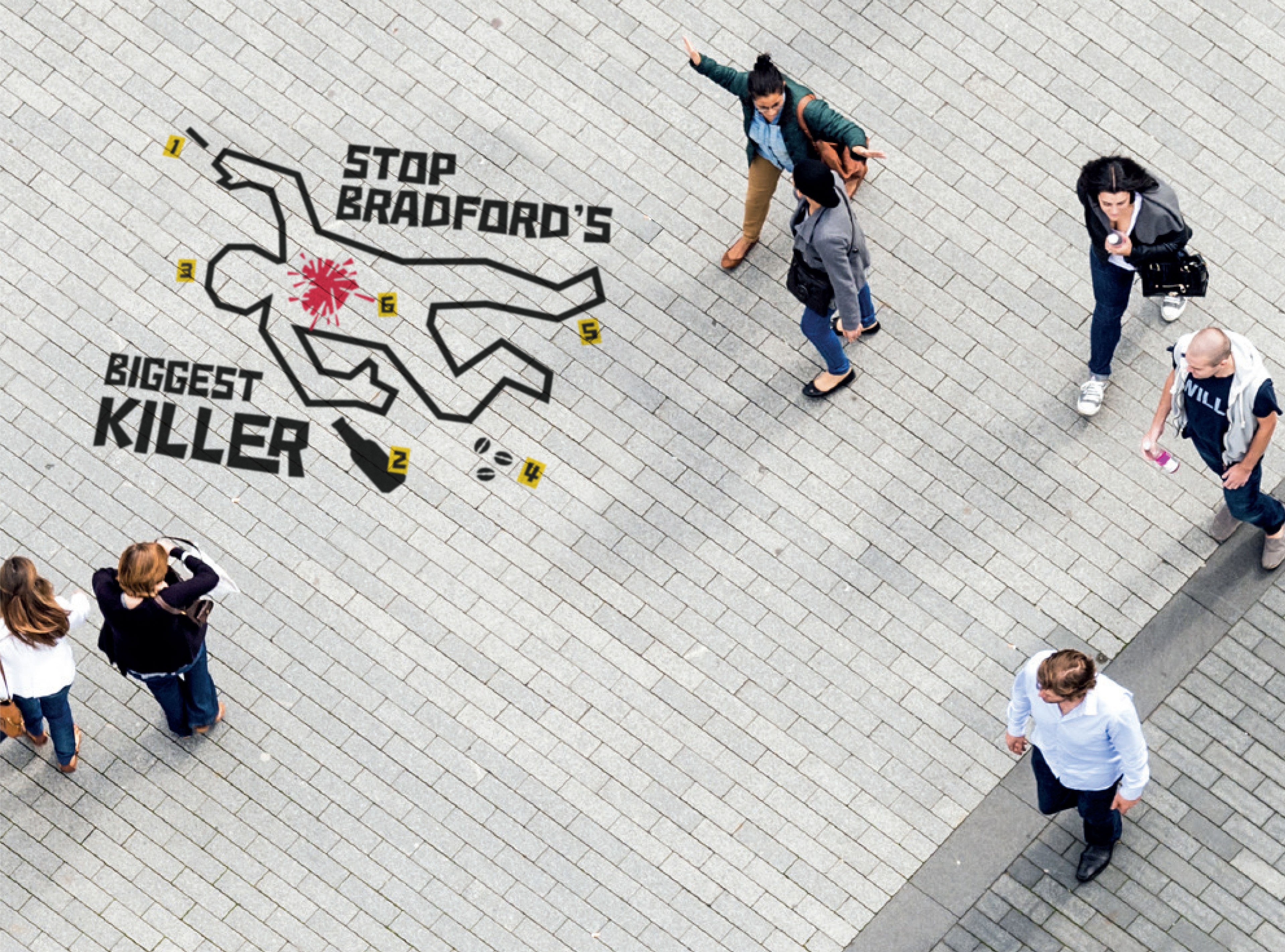 Pavement with pedestrians on walking past a floor graphic of a crime scene for Bradfords Biggest Killer campaign