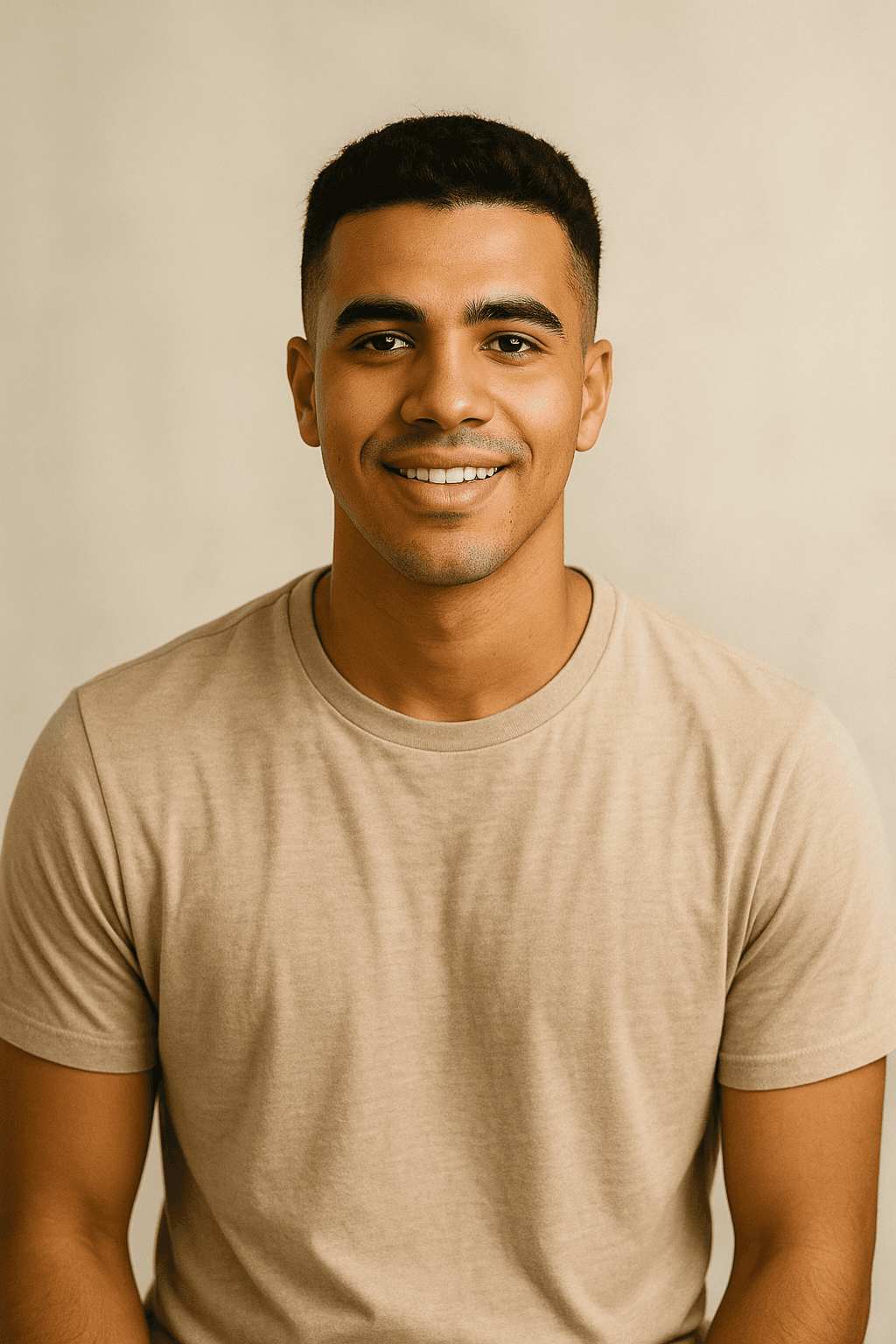 A young man with short curly hair and a beige shirt, smiling softly in front of a plain light background