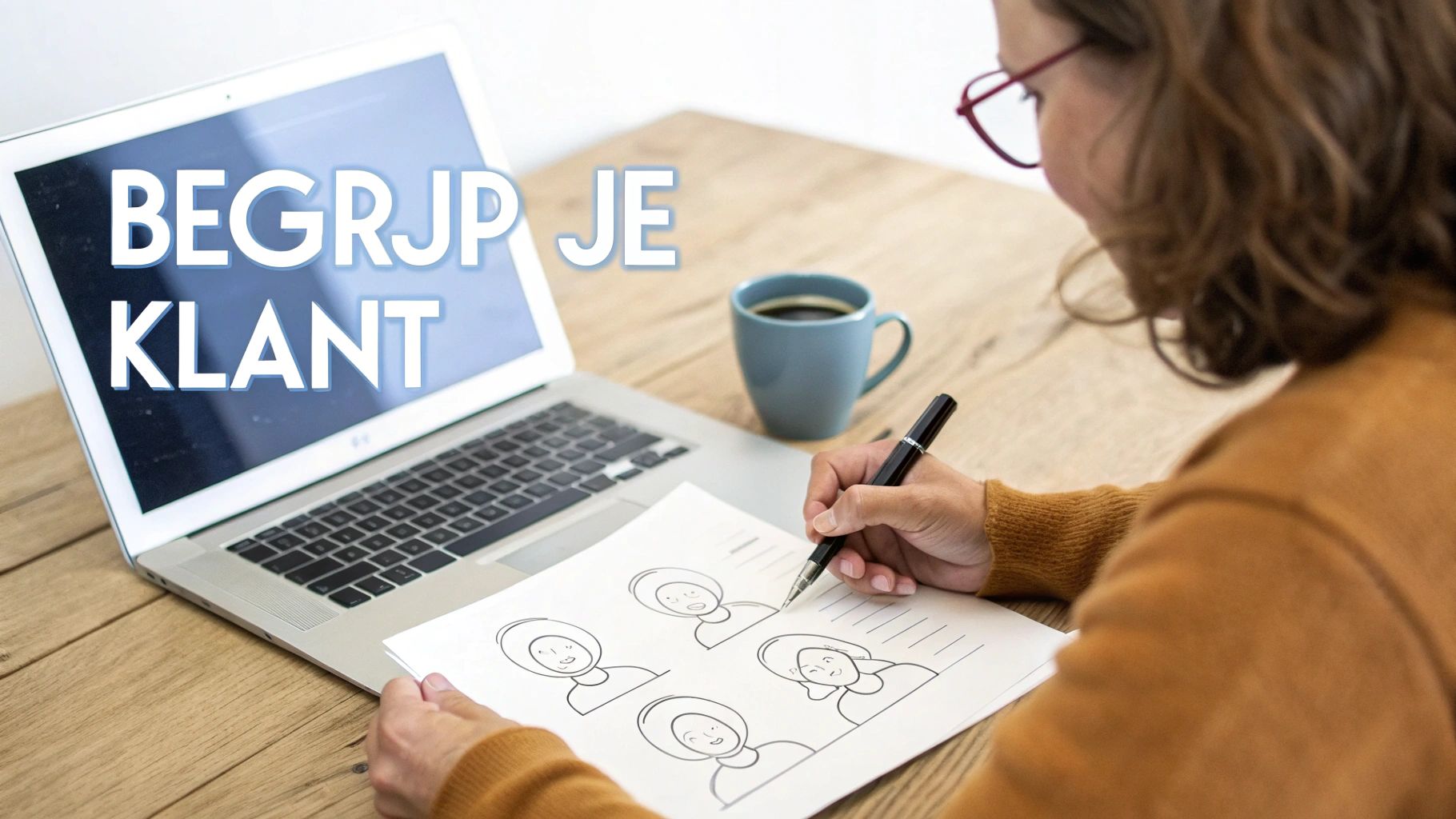 Vrouw schrijft aantekeningen terwijl laptop 'Begrijp je klant' toont, op zoek naar klantinzicht.