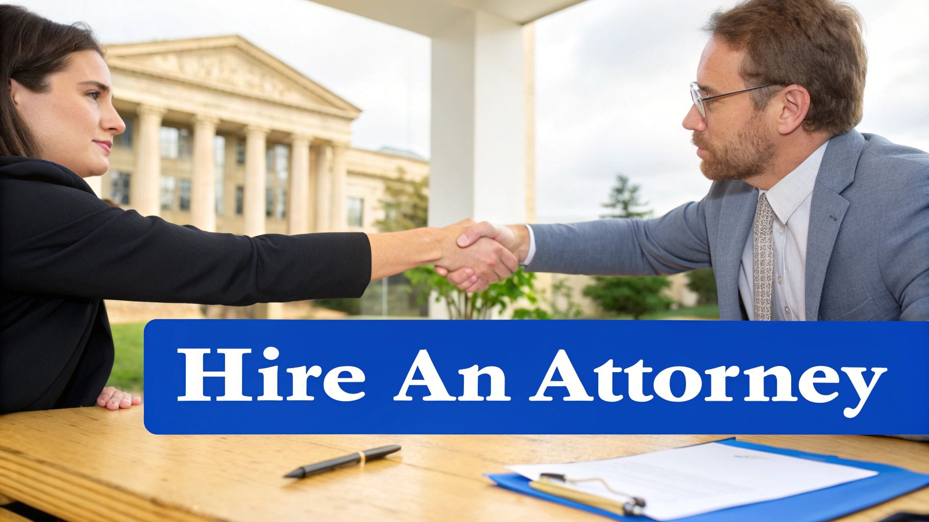 Two individuals, a man and a woman, shaking hands with a courthouse in the background, overlaid with 'Hire An Attorney'.