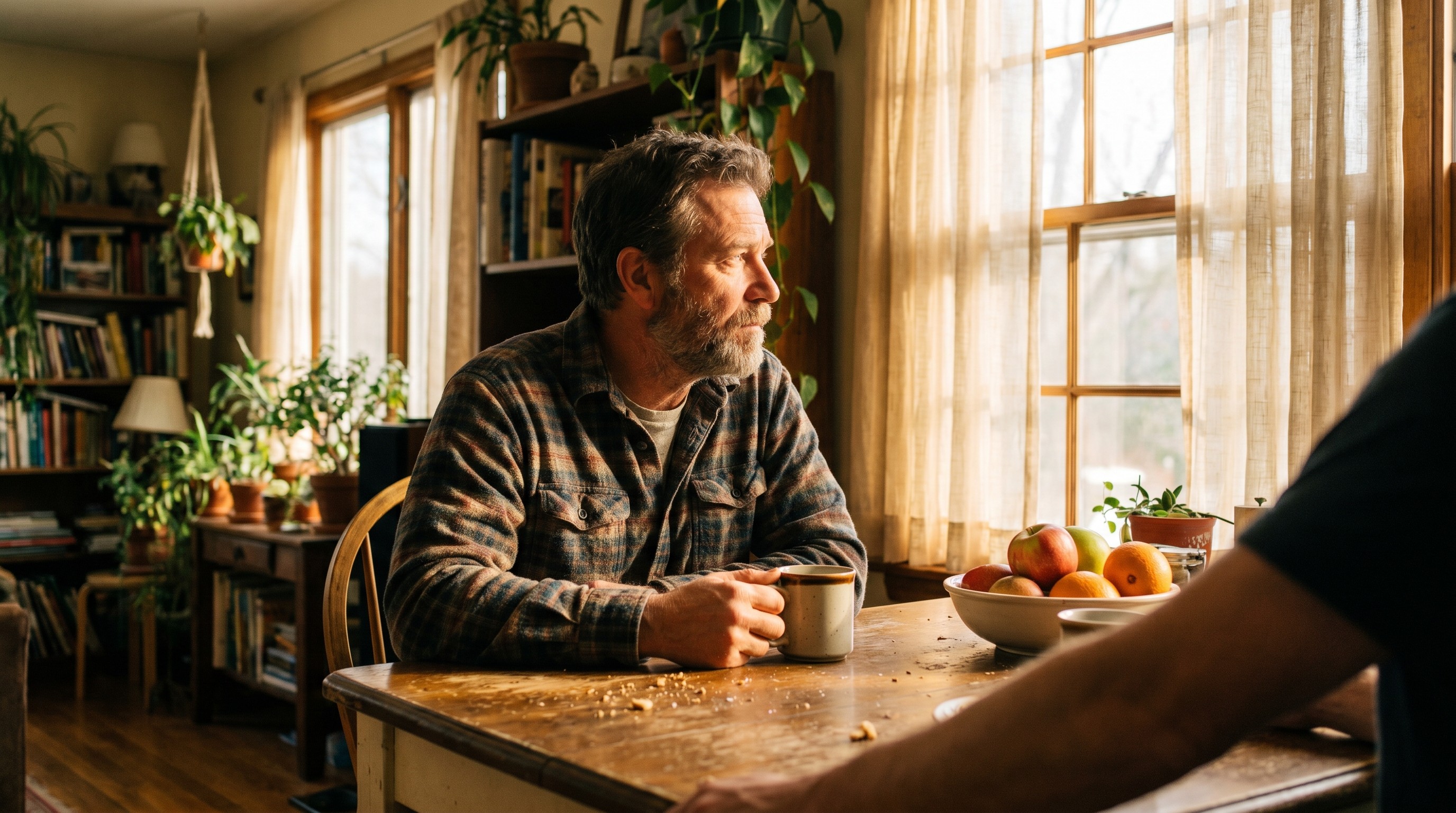 Middle-aged father at a sunlit kitchen table reflecting calmly with a coffee mug in warm morning light