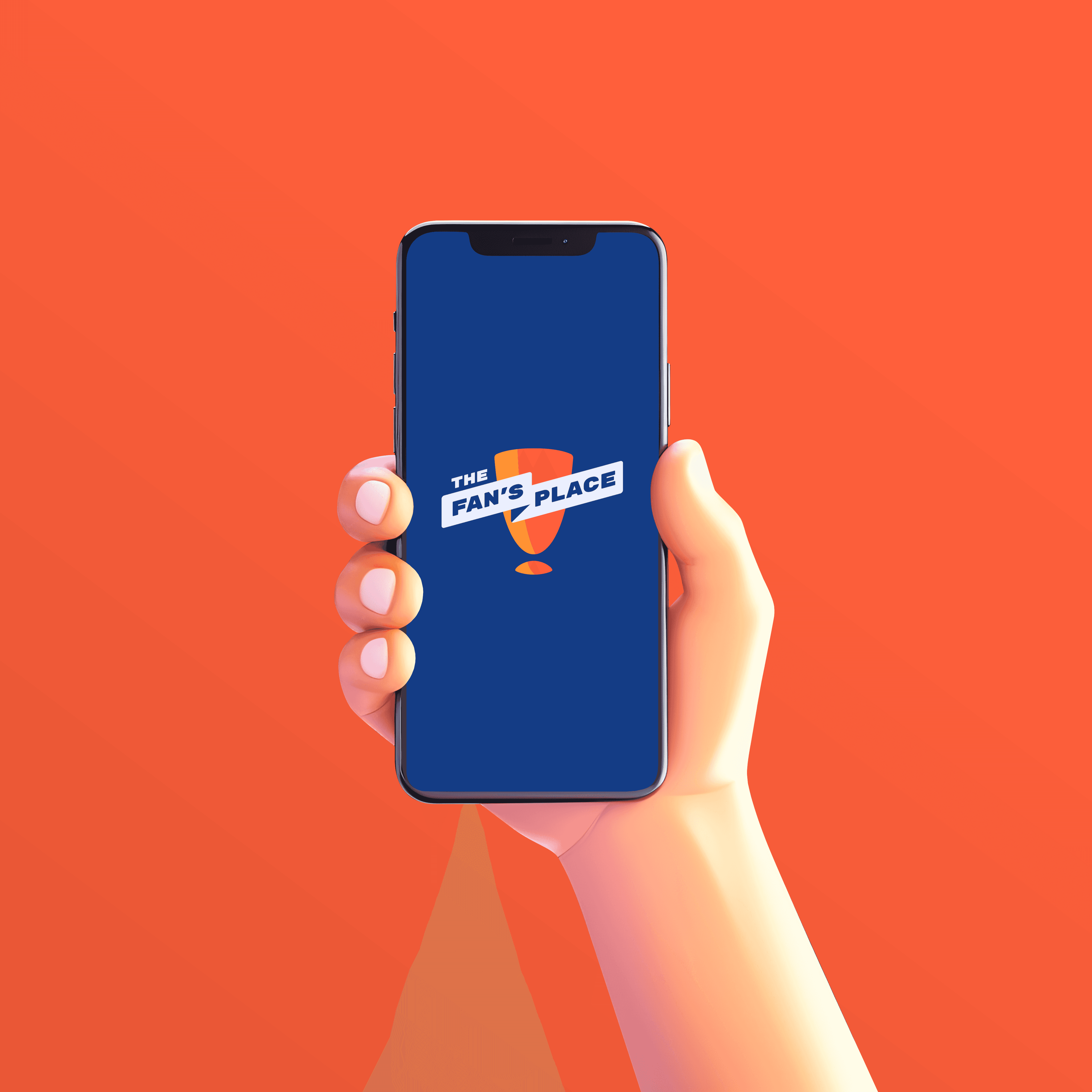A 3D image of a hand holding a phone with the logo for The Fan's Place