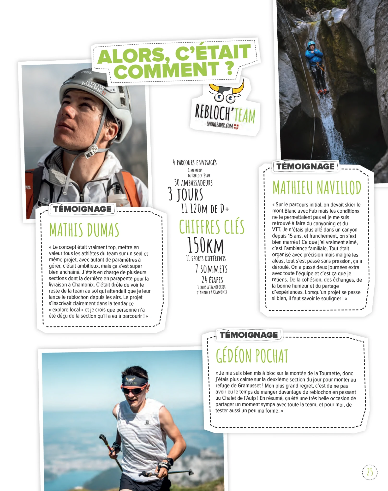 Page magazine présentant des témoignages d’athlètes et projets Outdoor Perspectives.